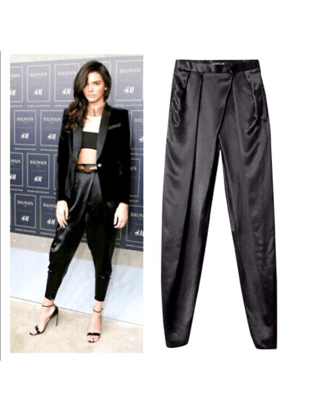 Balmain x H&M Black Satin Tuxedo Pants Women’s Size 6 High Waist Tailored Design